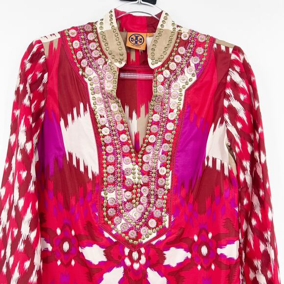Tory Burch Iveta Embellished Ikat Silk Tunic Top Pink Red Resort Womens Size 2 - Picture 4 of 12